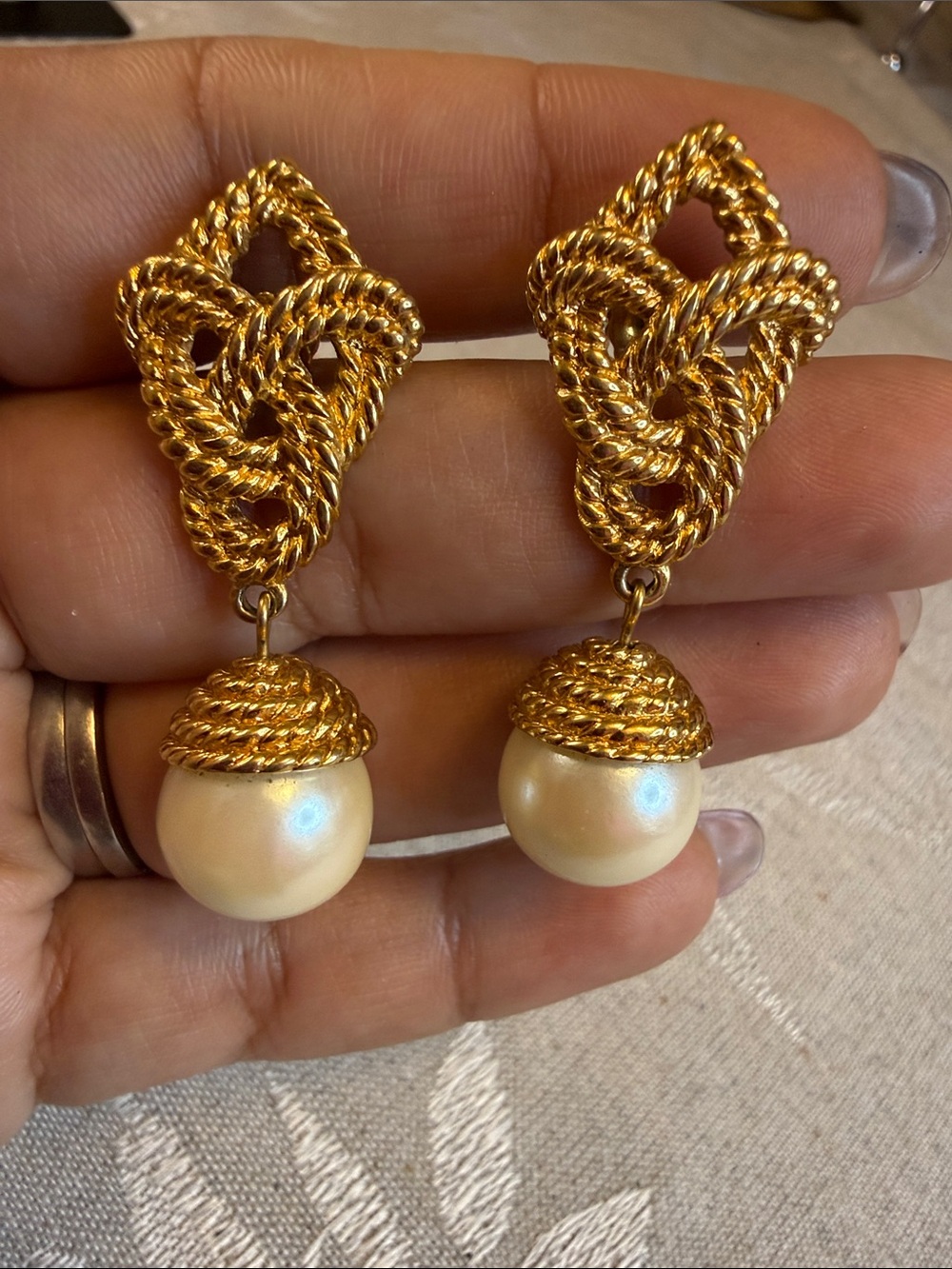 Gold-Tone Rope Knot Drop Earrings with Ivory Pearls
